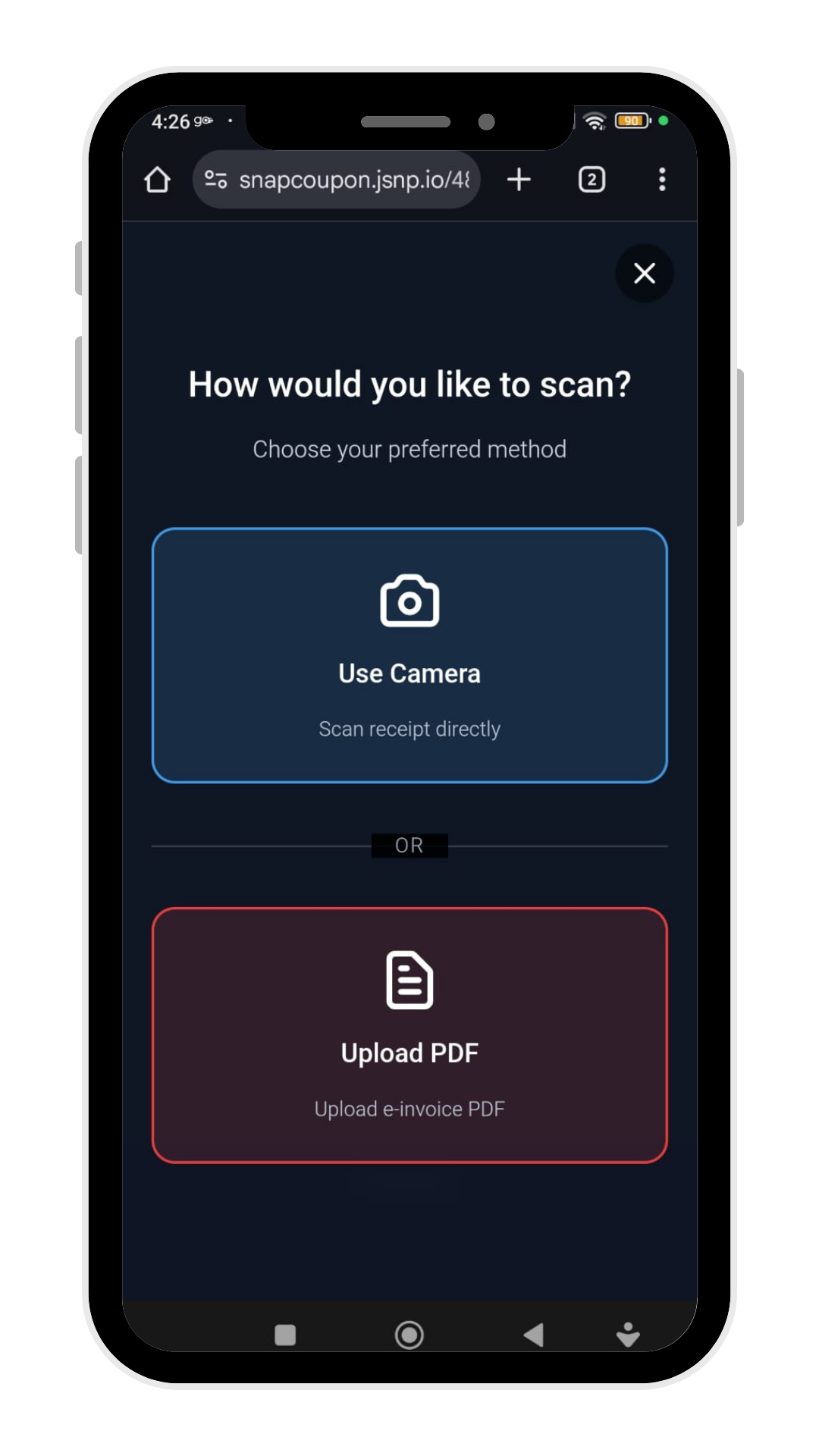 SnapCoupon user journey: Choose File Type